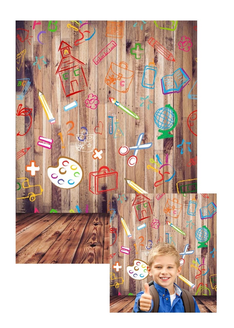 Leowefowa Back to School Backdrop 5x7ft Vinyl Photography Backdrops Hand Painted Pencils House Books on Vintage Retro Stripes Wood Floor Background Baby Kids Children Photo Studio Props - Image 1